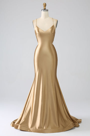 Golden Mermaid Spaghetti stropper Satin Long Prom Kjole med snøre-up Back